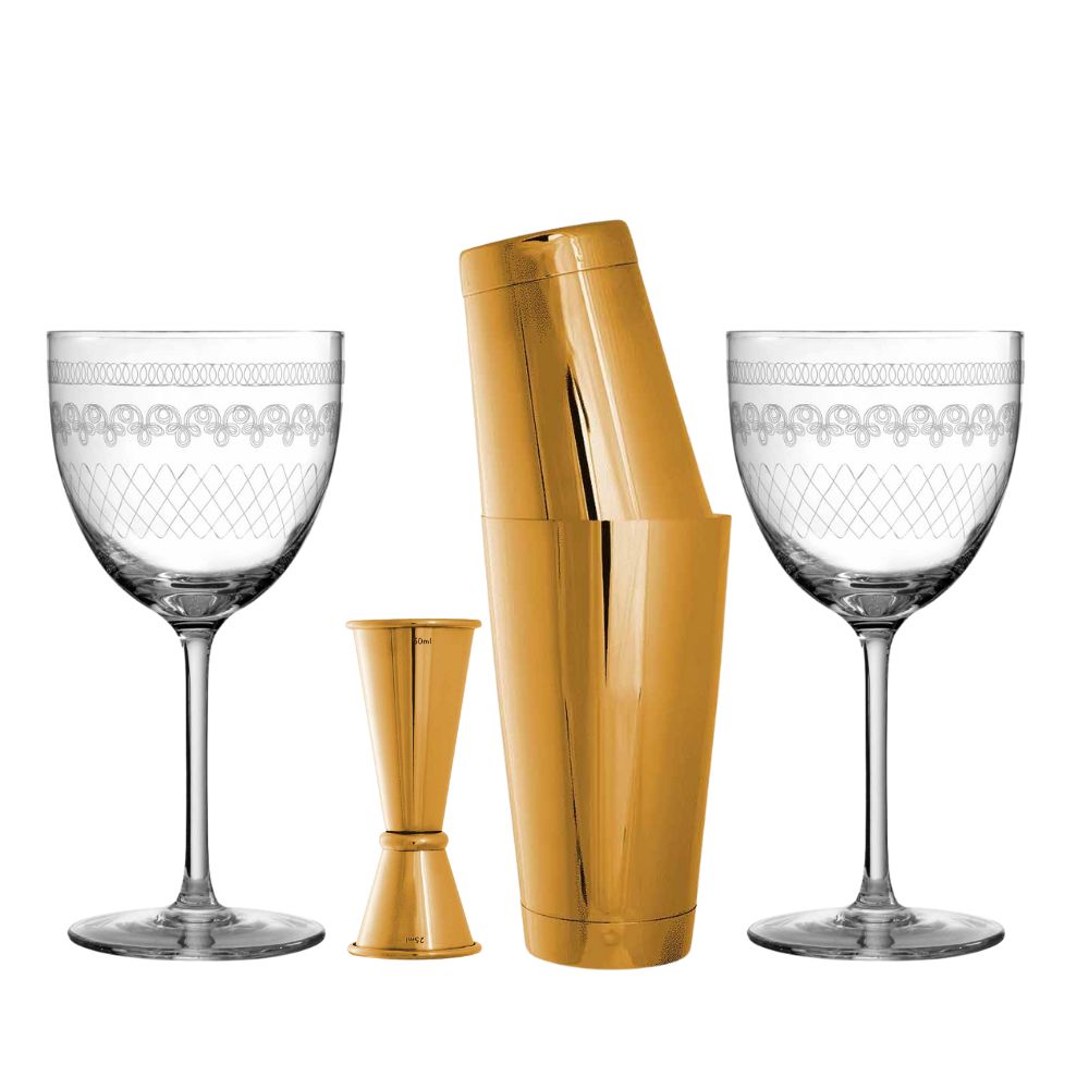Gold Barware and Nick & Nora Glass Bundle