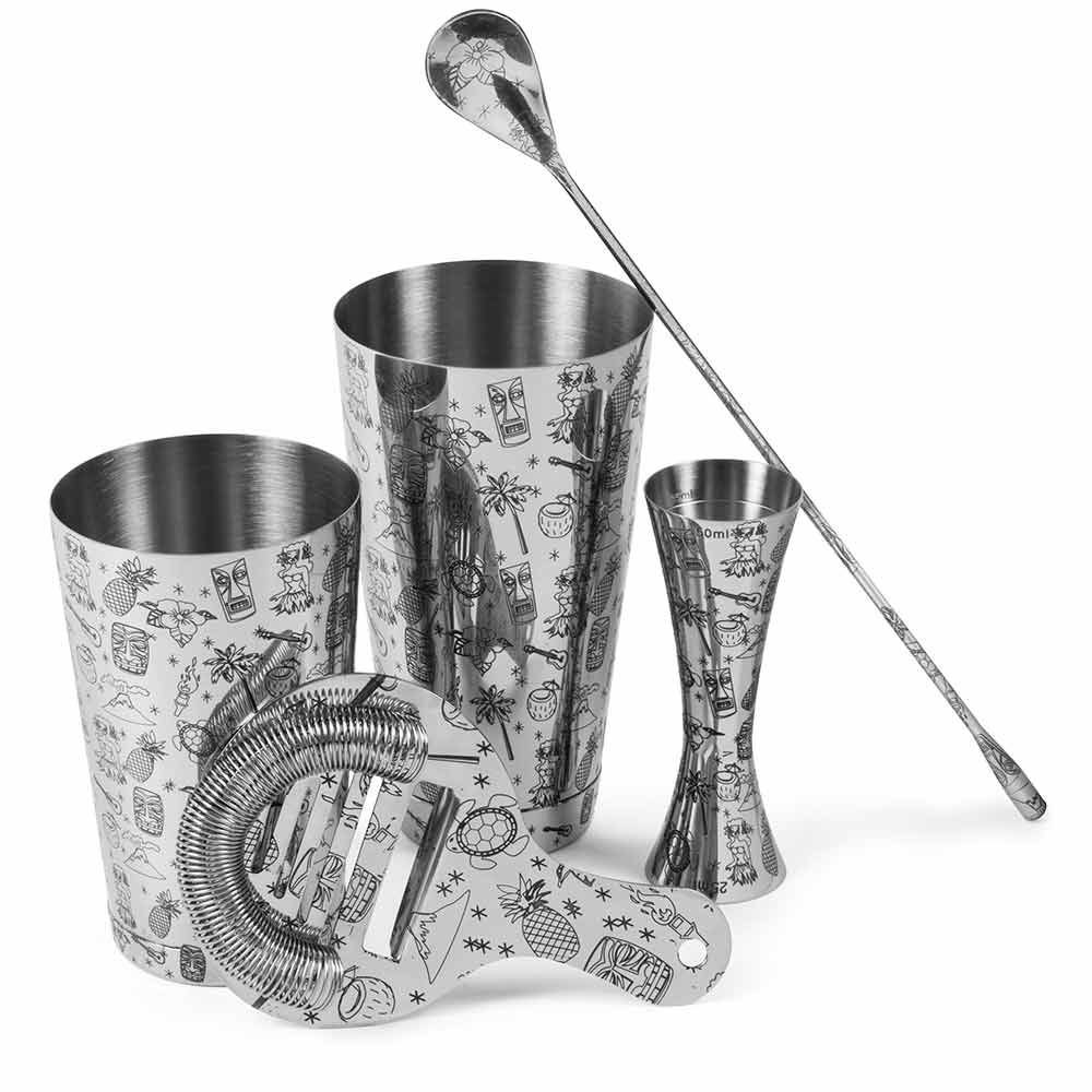 Tiki Coffret cocktail 5 pièces en acier inoxydable : shaker tin-on-tin, doseur, cuillère et passoire