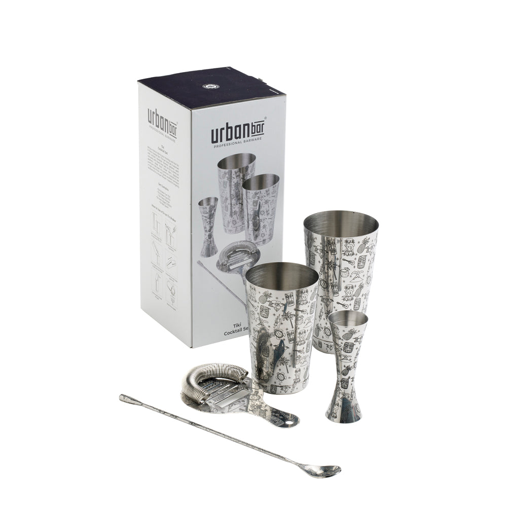 Tiki Coffret cocktail 5 pièces en acier inoxydable : shaker tin-on-tin, doseur, cuillère et passoire