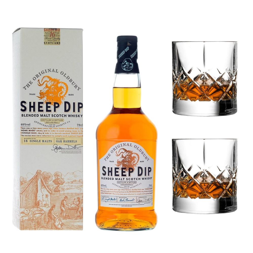 Paquete de whisky de malta mezclado Sheep Dip y vaso